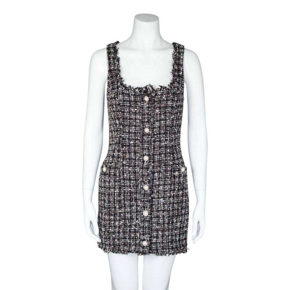 MAJORELLE BLACK/PINK BIA TWEED MINI DRESS Women’s SIZE XS Revolve Chanel Pearl